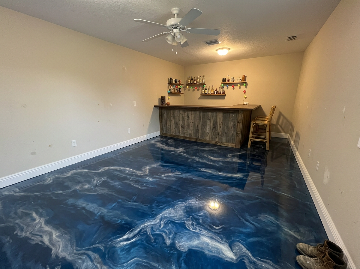 Metallic epoxy finish in a home bar area