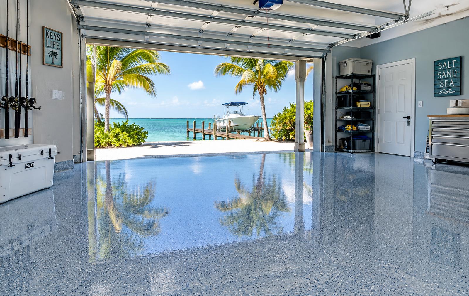 Glossy flake epoxy garage floor overlooking the water